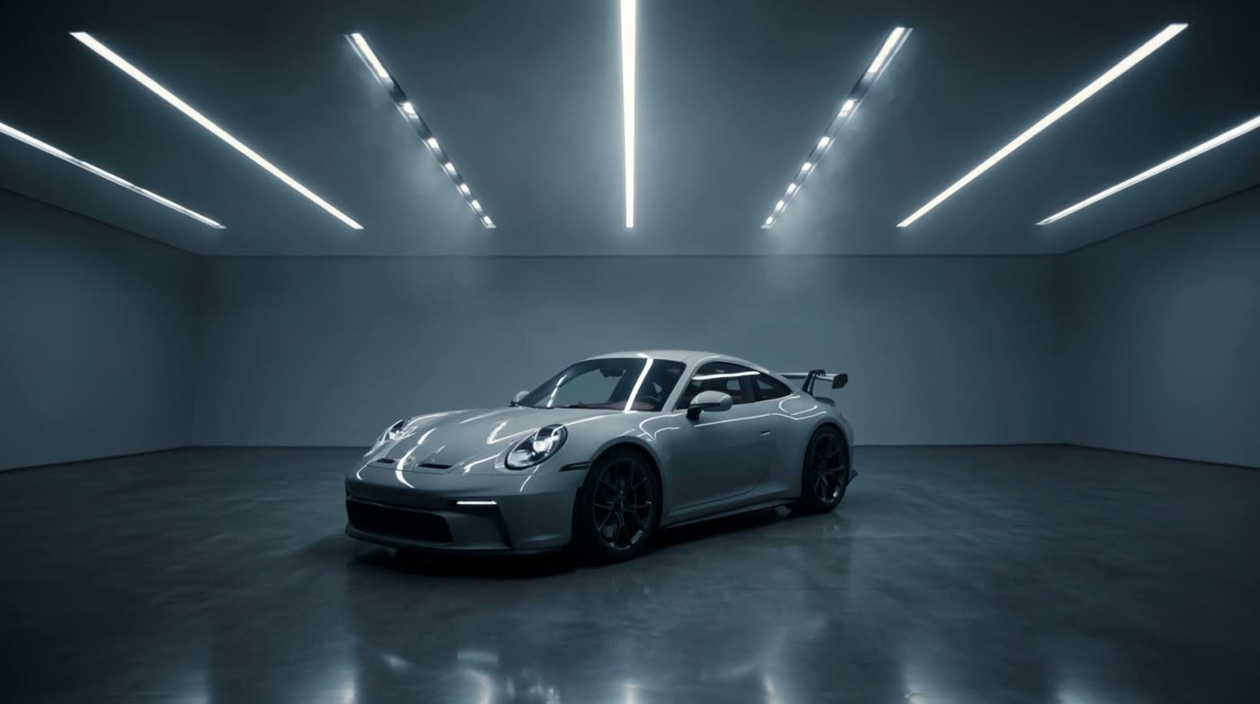 A silver sports car under bright ceiling light strips in a dark showroom