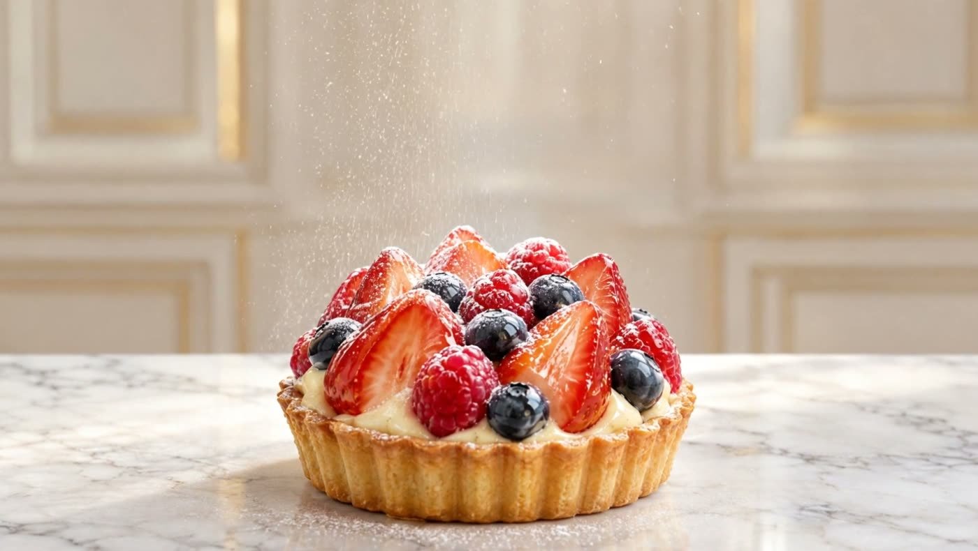 A fruit tart dusted with powdered sugar on a marble counter
